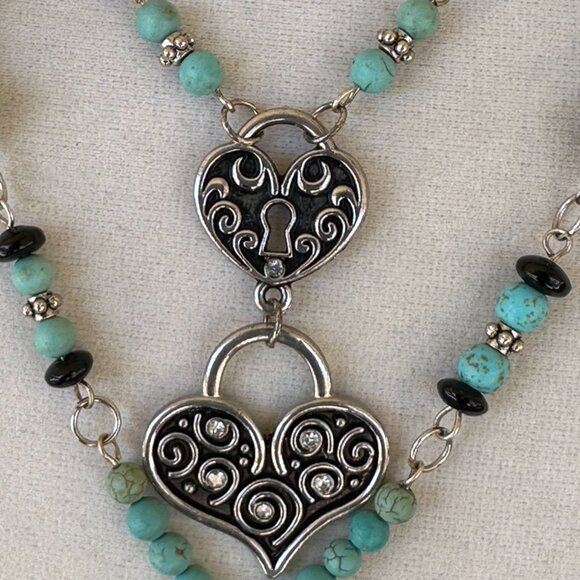 Hand Crafted Jewelry - NEW - Hand Crafted Pair of Necklaces - Turquoise, Black & Silver Tones